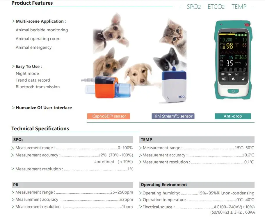 Witleaf 5" Vet Pulse Oximeter Etco2 Medical Monitor Veterinary Handheld