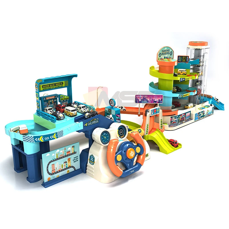 Car Building 2-in-1 Set DIY Assembly Race Track Playsets Multi Layer City Garage Parking Building Tower Vehicle Car Toy for Kids