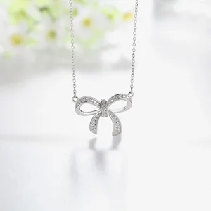 925 Sterling Silver Cubic Zirconia & Diamond Fashion Jewelry Necklaces for Girls Bowknot Shape Chunky Chain for Parties
