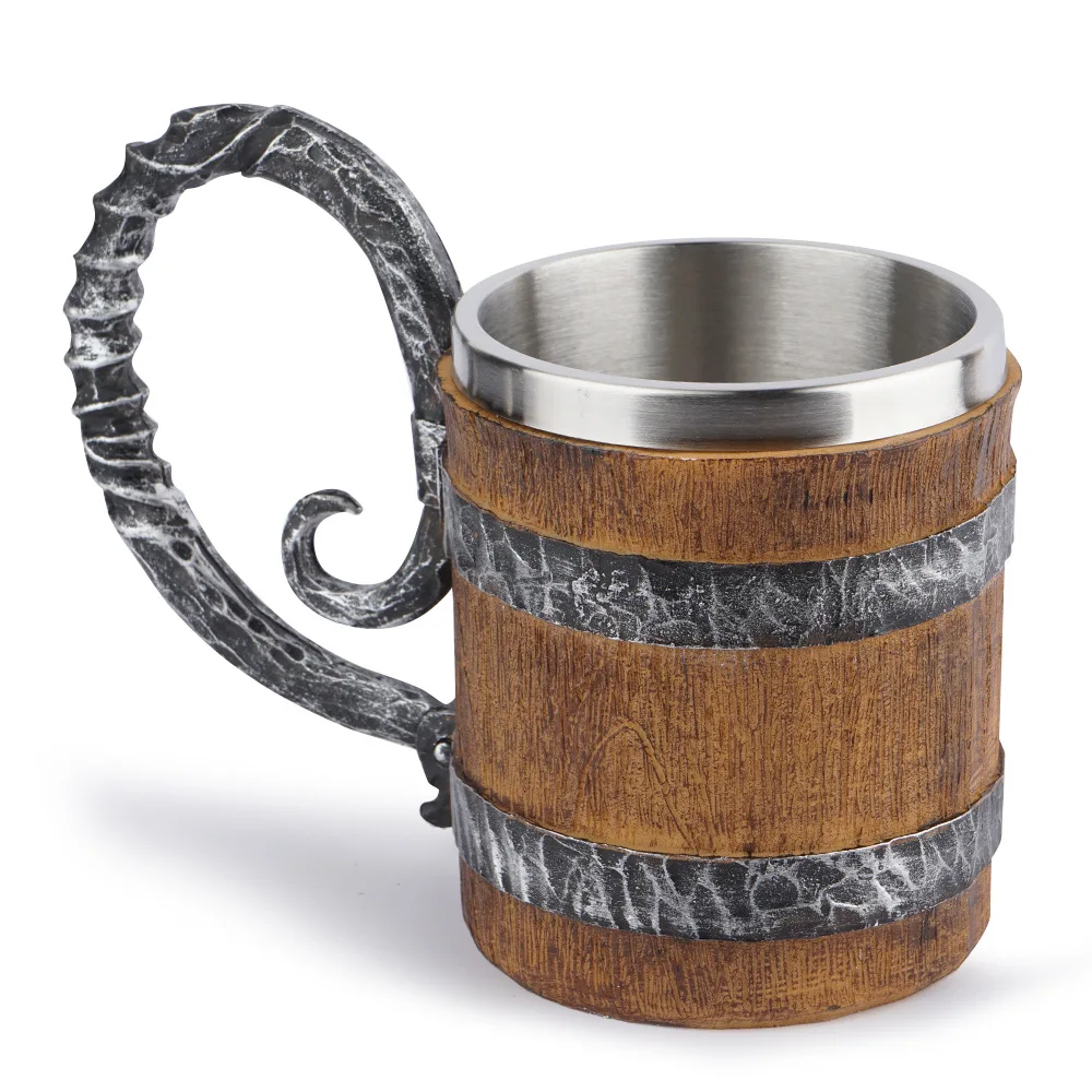 Viking Wood Style Beer Mug Simulation Wooden Barrel Beer Cup Double Wall 