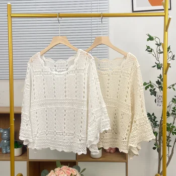 Casual full cotton lace crochet clothing Hollow Out half Sleeve Women's Tops Blouse shirts