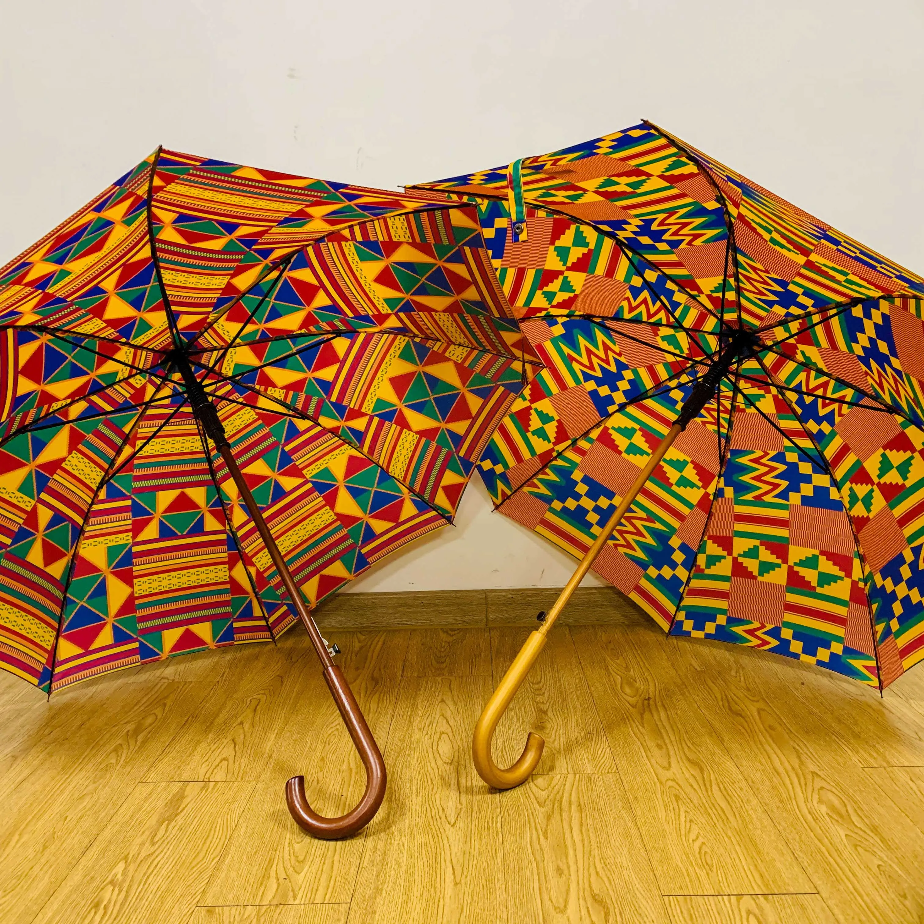 Modern African Umbrella with Wood Handle - UV Protection & Kente
