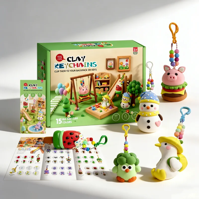 無毒エアドライクレイキーホルダーディーアイワイキット｜子供向け完全クラフトセット（キーホルダーコンポーネント、ビーズ、成形ツール付）｜クリエイティブな手作りギフト