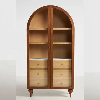 Luxury Restaurant Furniture Mid century-style Solid oak Double glass Door Storage Cabinet