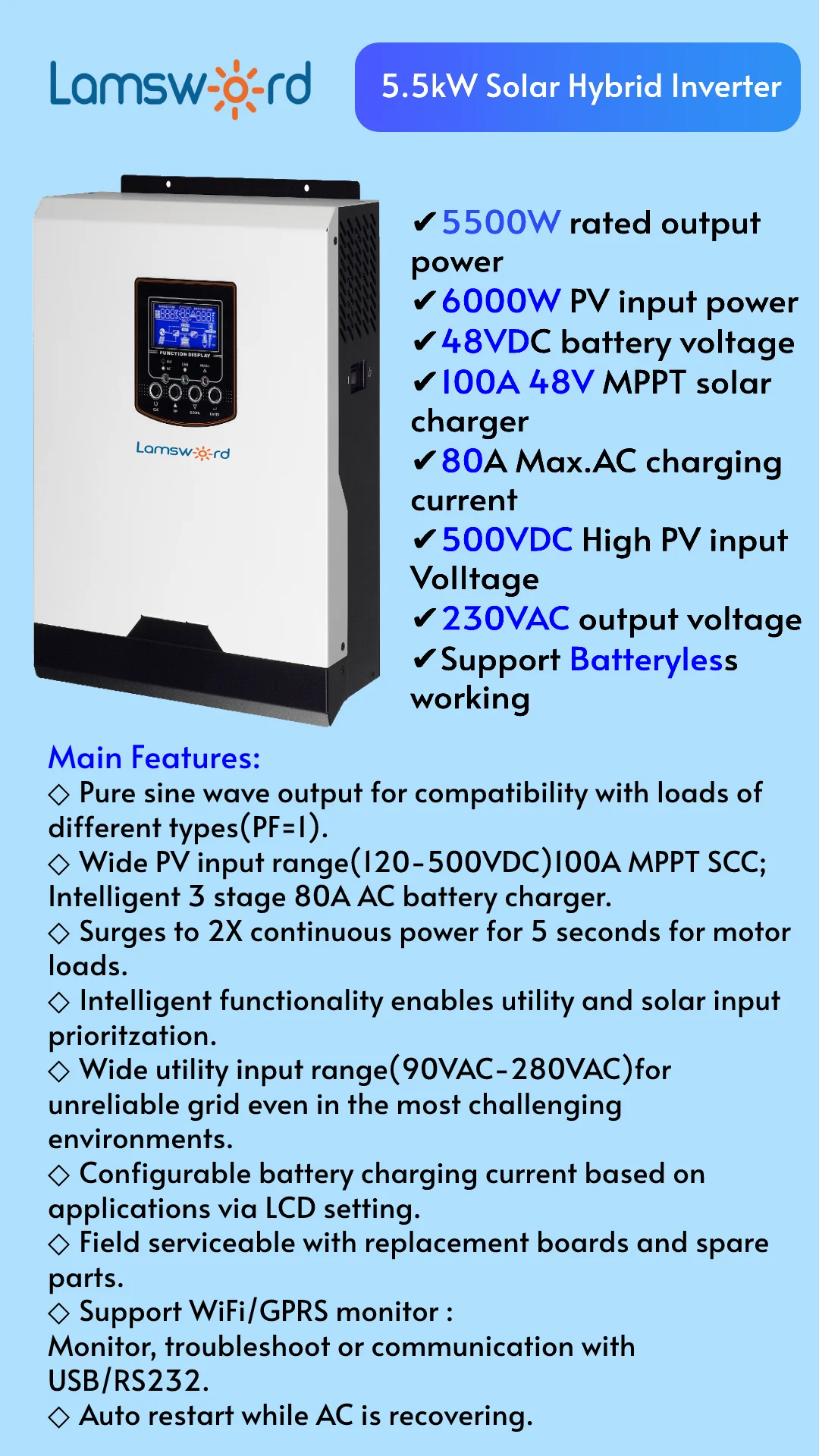 Hybrid Mppt On Grid Inverter Solar 5.5kw On Grid Hybrid Solar Inverter
