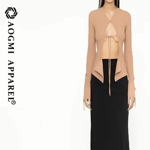 AOGMI Haute Couture Fashion Women's Sexy Cut Long Sleeve Sweater Turtleneck Tie Cardigan Rib Breathable Lace-Up Nylon/Cotton