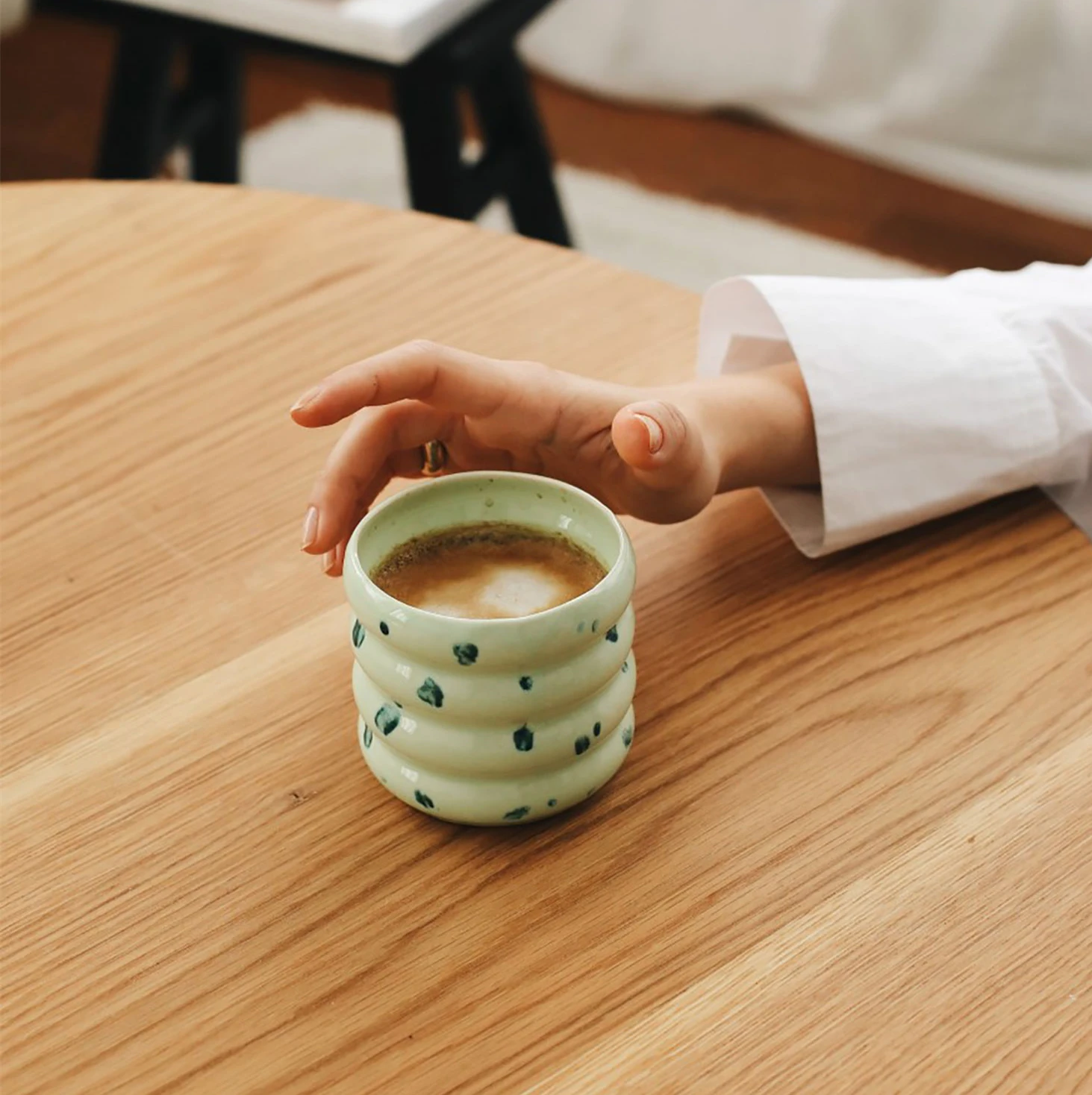 Unique Nordic Speckled Handleless Circle Donuts Milk Porcelain Tea Cups