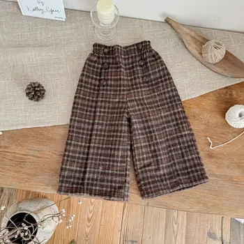 Girls' woolen plaid trousers double-layer vintage loose pants girls British plaid pants