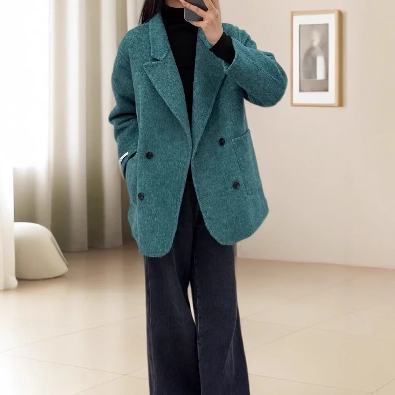 Double-faced Woolen Women's Suit Jacket 2025 Autumn Winter Long Sleeve Commuter Coat with Silk Lining and Button Closure