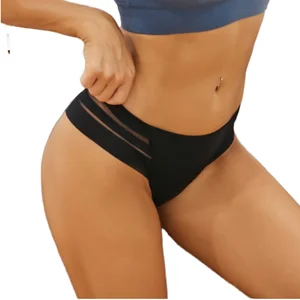 Women's Mid-Rise Everyday Thongs Panties M-3XL Black Solid Mesh Patchwork Knitted Breathable Quick Dry Eco-Friendly