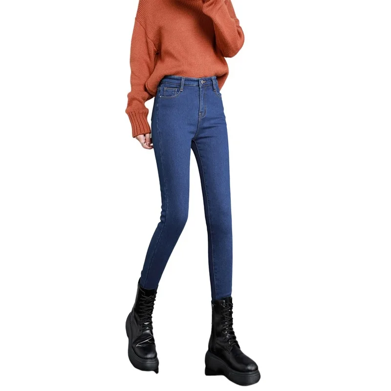 Smoke Gray High Waist Denim Fleece Lined Vintage Bleach Wash Skinny Pencil Pants Women Autumn Winter Stretch