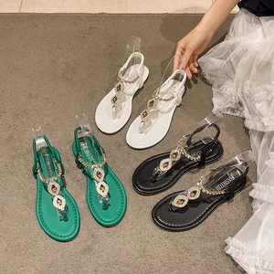 Newest Wholesale Large Size Casual Flat Lady Roman Beach Rhinestone Sandals Women's Shoes  Bohemian Flat Sandals for Ladies