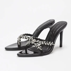 4303A-11 Summer Open Toe Sandals for Women Rhinestone-Heeled Slippers with Pointed Toe Breathable and Anti-Slip Slip-On Closure