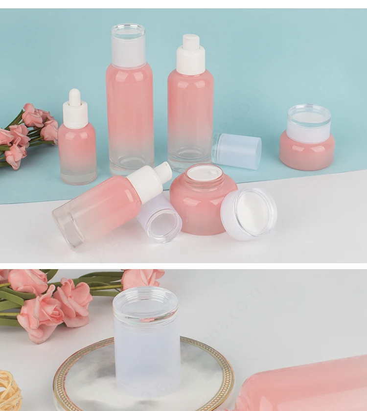 Luxury Empty Pink Cosmetic Packaging Glass Bottle Set 30ml 40ml 100ml 120ml Lotion Serum Glass Bottles Face Cream Jars Set manufacture