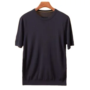 Men's 100% Wool Casual Pullover Luxury ODM Supply Short Sleeve Neck Summer T-Shirt 13.5 Fineness Top Cardigan Style Underwear