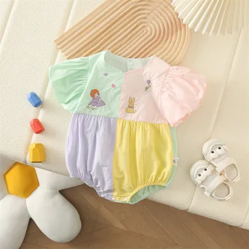 French style newborn rompers summer New 2024 Baby rompers cartoon one month old baby jumpsuit