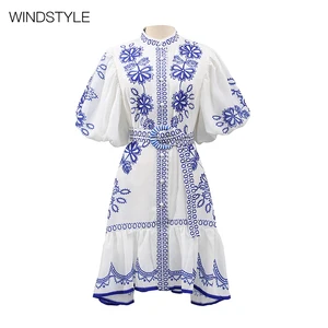Customized Women's Retro Embroidered Design Short Single-Breasted Bubble Sleeve Skirt Floral Midi for Summer