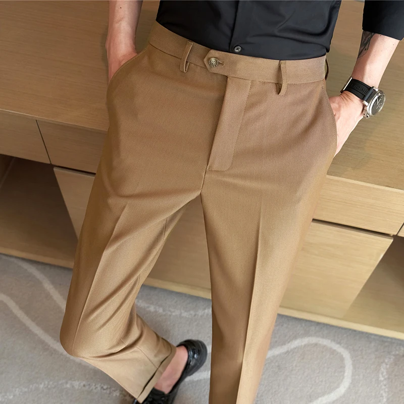 New Slim Straight Men's Pants Mid Waist Stretch Plus Size Classic Solid  Color Business Casual Wear Formal Suit