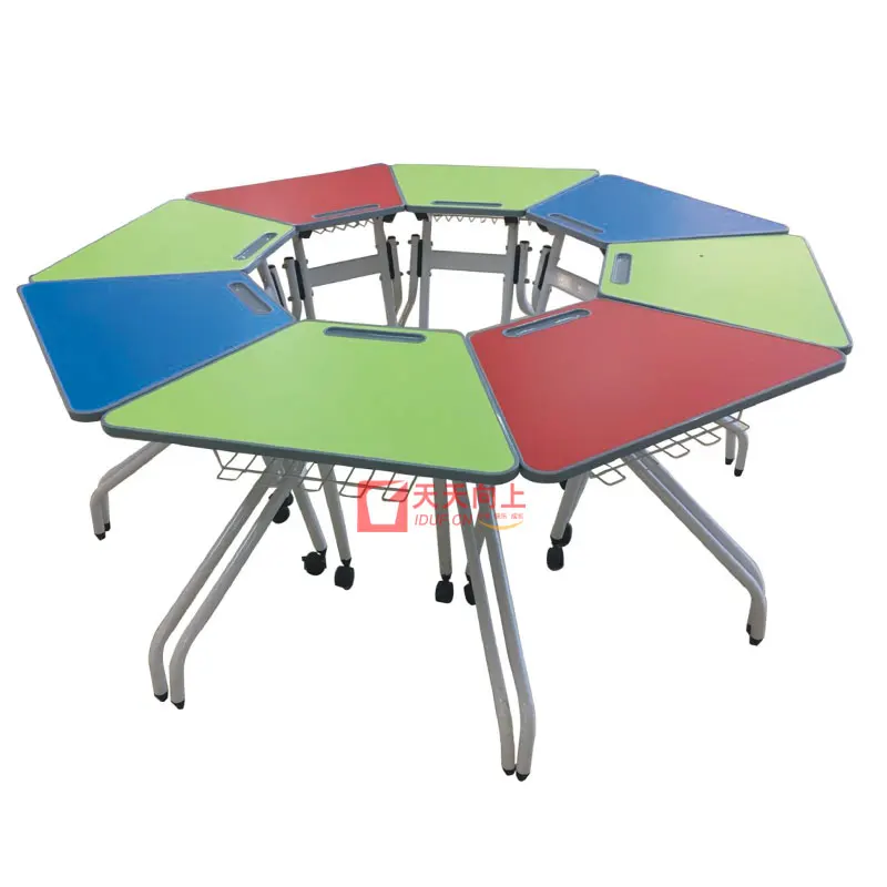 Portable Folding Table and Chair Set Trapezoidal Table With Wheels and Book Rack