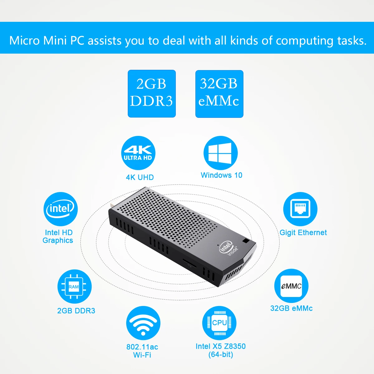 Mini PC Computer Stick Windows 10 Professional (64-bit) Quad Core Intel  Atom x5-Z8350 1.92Ghz CPU, WiFi, Bluetooth, USB 3.0, HDMI/4K Linux