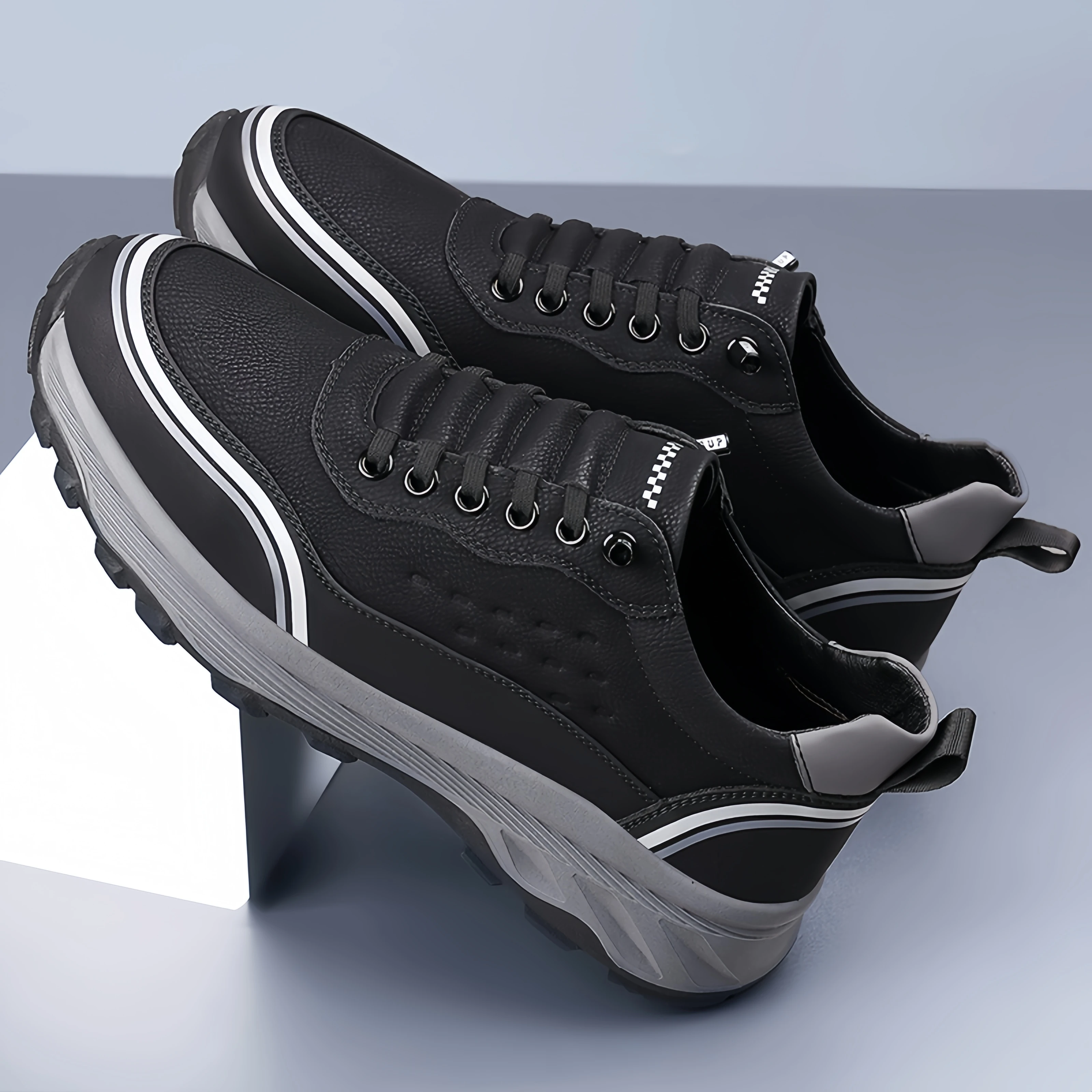Nikes Black Leather Slip-On Sneakers with Gray Elastic Laces Stretch Knit No-Tie Elastic Lace Sneaker main image 4