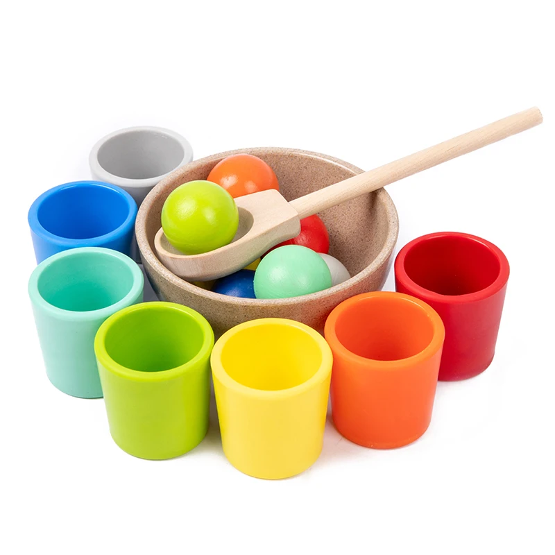 7 Balls in Cup Toddler Montessori Toy for 1+ Year Old Kid Preschool Wooden Matching Game for Learning Color Sorting and Counting