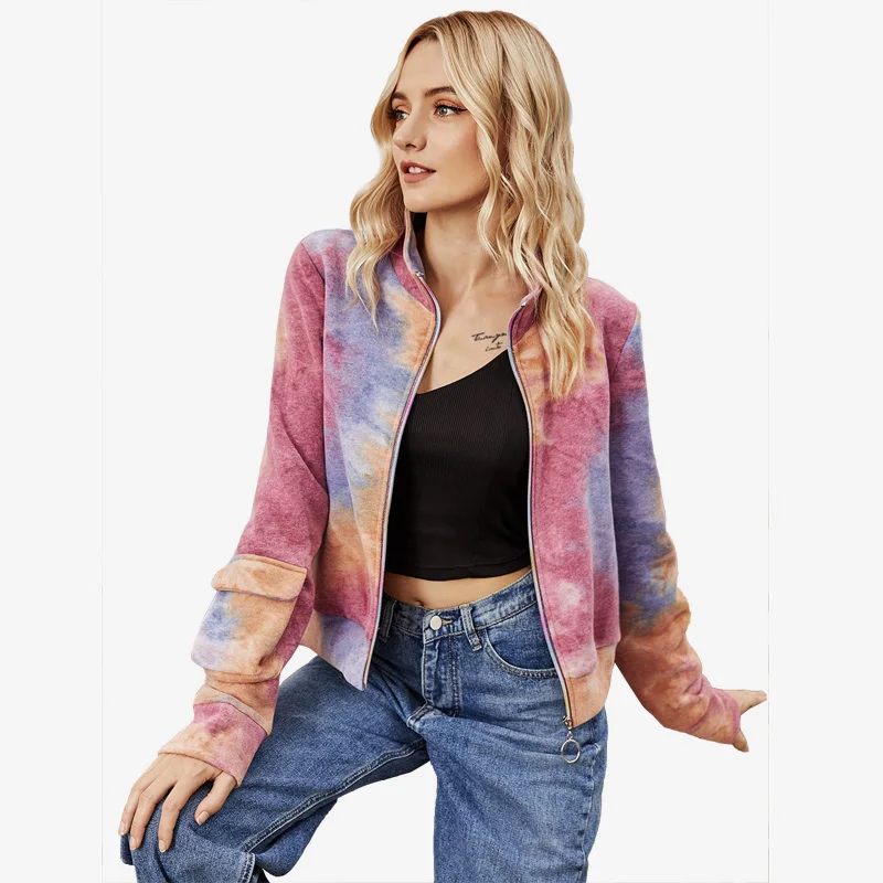 Chaqueta De Punto Con Cuello Alto Para Mujer,Chaqueta De Punto Color  Morado,Con Cremallera,Para Otoño - Buy Chaqueta Púrpura Para El  Otoño,Tie-dye Mujer Chaqueta,De Moda De La Capa De Las Mujeres Product on