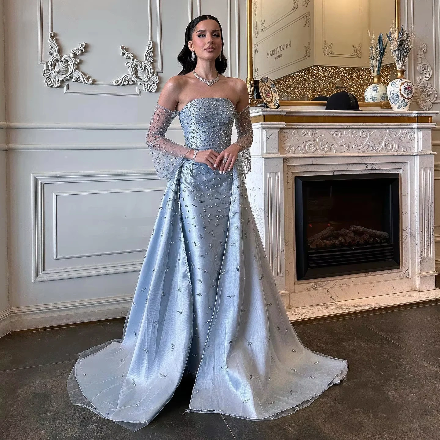Arabic Silver Gray Luxury Dubai Evening Dress With Overskirt Sleeves Woman Wedding Party Elegant Prom Formal Gowns Lsz484 Arabic Silver Gray Luxury Dubai Evening Dress With Overskirt Sleeves Woman Wedding Party Elegant Prom Formal Gowns Lsz484