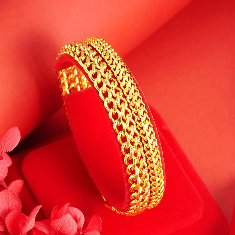 Mens 24K Gold Plated Bracelet, Fashion Chain Bangle, Carved Design, Brass Base