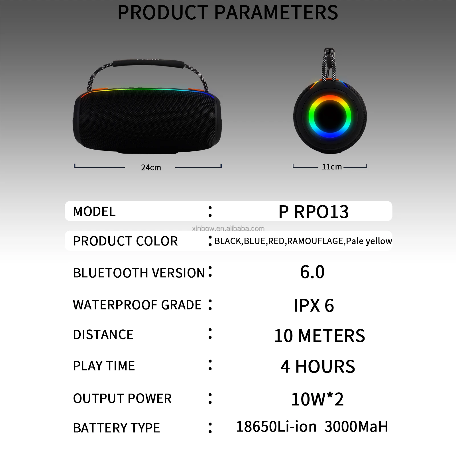 Altavoz Portátil P PRO13 Inalámbrico BT de 20W Tipo Boombox a Prueba de Agua IPX5 con Luces LED para Fiestas en Casa y Escenarios