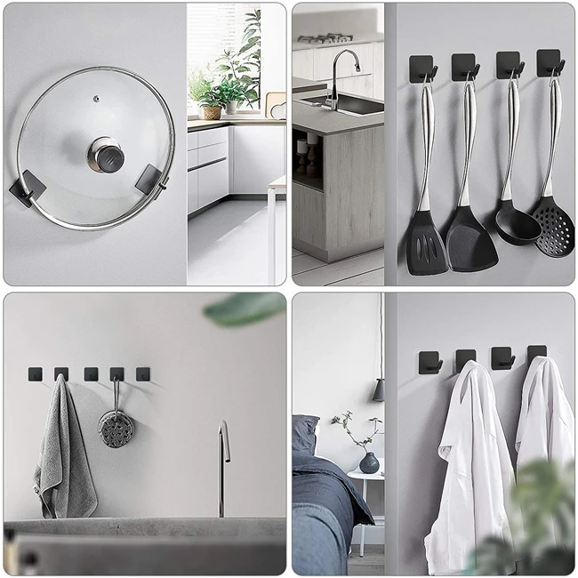 Ganchos de preço de fábrica, resistente, adesivo de banheiro, toalha preta fosca, utensilho de cozinha, cabide de metal