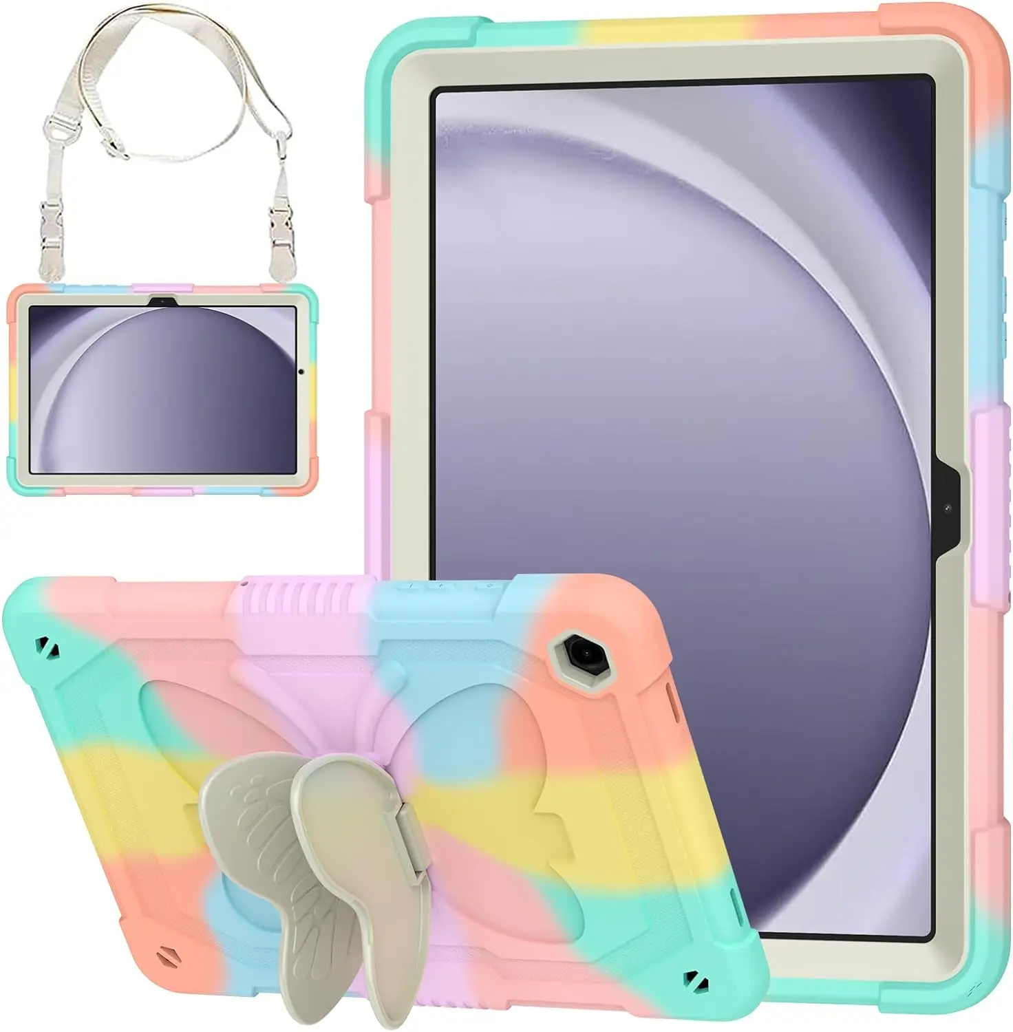 Cover for Samsung Galaxy Tab A9 Plus Case for Kids Girl with Butterfly Stand Shoulder Strap Shockproof Full Body Protective