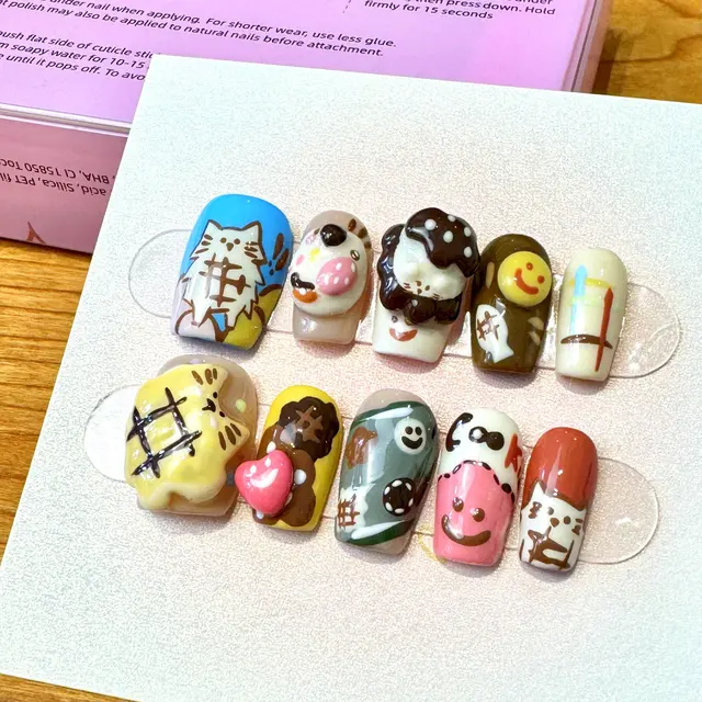 Mona design kids children press on nails cute pink color cartoon character handmade nail tips with box artificial fingernail
