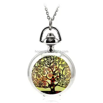 WAH857 Wishing Tree Pendant Necklace Silver Chain Quartz Small Pocket Watch