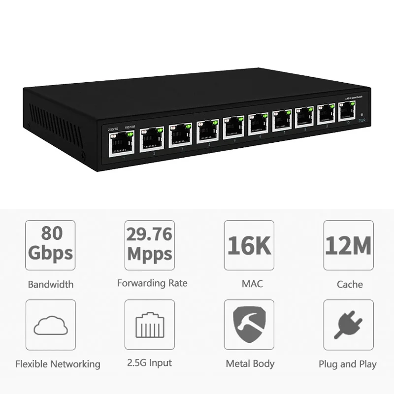 10 RJ45 Port 2.5G Switch 100/1000/2500Mbps 802.3AF/AT/BT Unmanaged Network POE Switch factory