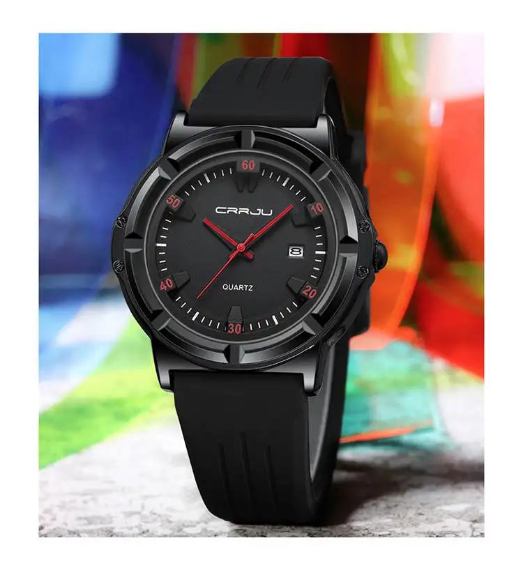 Crrju Watch 5030 Elegant Custom Logo Man Quartz Watch Stylish Silicone Band  Waterproof Date Display Character Casual Watch Set