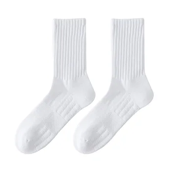 Men's 48 Thickened Bottom Sports Socks Plus Size 45 Cotton Medium Tube Basketball Socks Exclusive-White Crew High