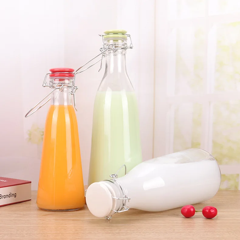 1000ml Milk Bottle with Handle Glass Buckle Multipurpose for Beverage Juice Food Storage Makeup and Face Cream Packing