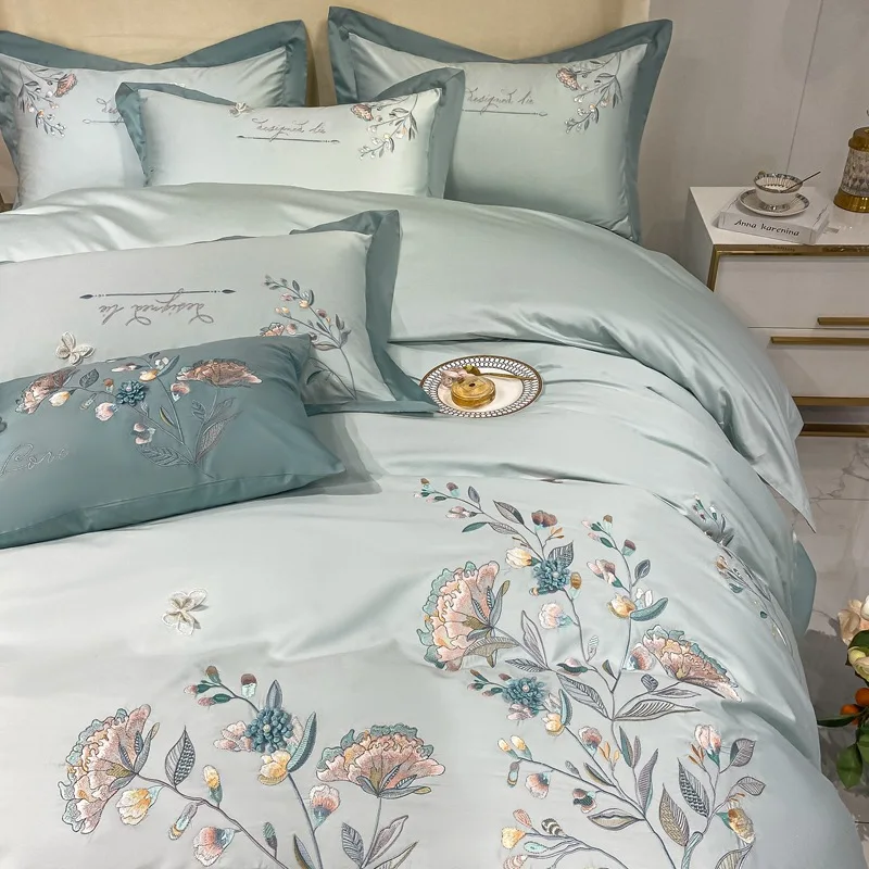 Modern High-End 180 Yarn Count Long Staple Cotton Quilt Cover Set Four-Piece Bedding Set with Plant Flower Embroidery Sheet details