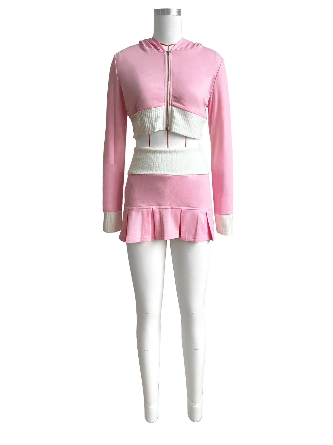 New Arrival Fall 2 Piece Set Women 2024 Color Splicing  Long Sleeve Crop Top Hooded Zipper and Pleated Mini Skirts Outfits