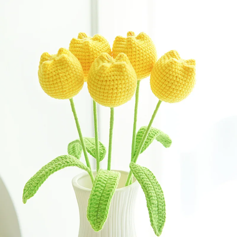 Emivery Bouquet 7 Tulipani Fatti All'Uncinetto In Cotone, Fiori Artificiali Rosa Lavorati A Mano Per San Valentino, Festa Della Mamma, Regalo Casa - 3