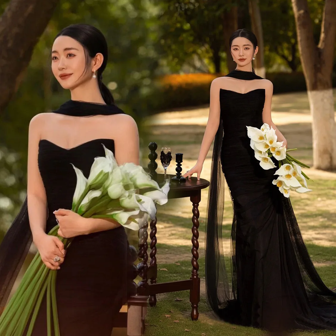 S0680N Black Fairy Style Strapless High-End Elegant Wedding Light Luxury  Niche Princess Bride Gown Floor-Length Evening Dress