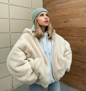 Women's Custom Winter Soft Woolen Full Zip up Side Pocket Oversized Hoodie Casual Winter Wear Printed Technics Hooded Collar