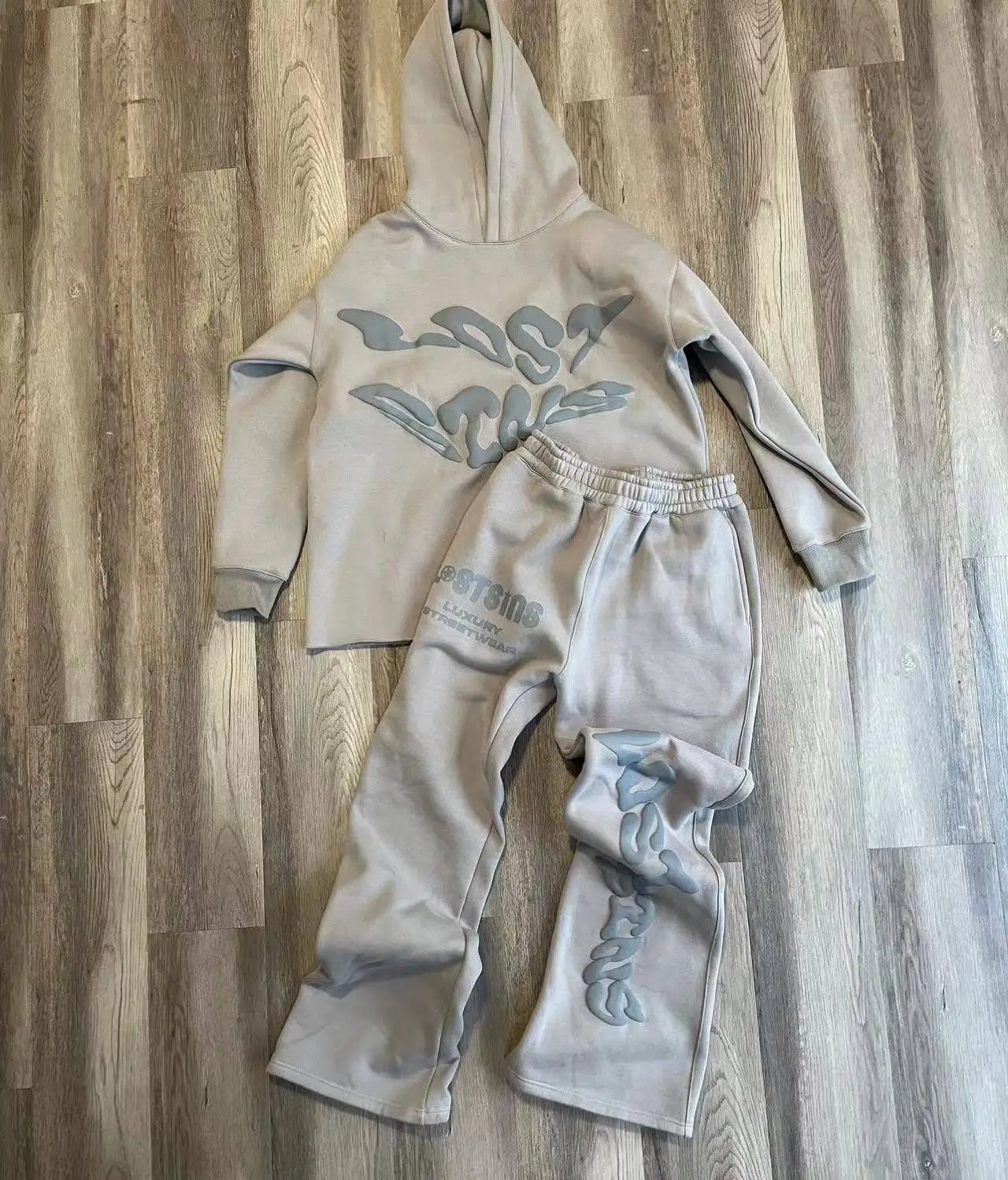 Raw Hem Hoodies and Flared Stacked Sweatpants Two Piece Tracksuit Set Custom Cotton 3D Puff Print Women Unisex Sweatsuit Men gallery 12