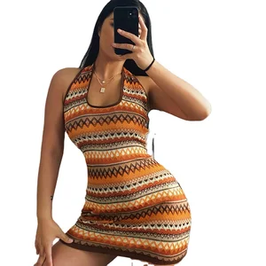 New Sexy Neckline Halter Skirt Striped Fashion Color Striped Neckline Dress