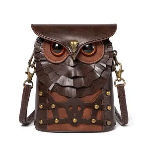 Custom Logo Vintage Fashion Medieval Steampunk Owl Animal Prints Color-blocking Rivet PU Leather Women's Single-shoulder Mini