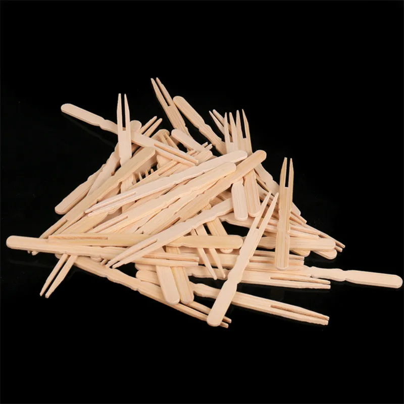 Party Supplier Bamboo Disposable Dessert Fruit Cake Forks Compostable Two-tine Wooden Chip Fork