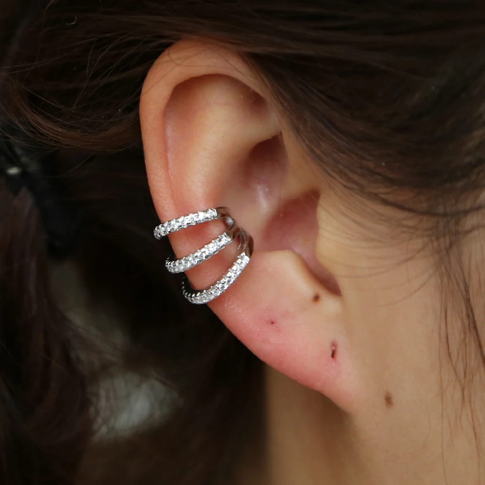 Clip on Earrings Triple Line Gold Silver Plated CZ Crystal Ear Cuff Pendientes De Clip Women Earrings Ear Wrap Ear Cuff Brincos