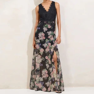 Wisrise Fashion  Spring Summer Factory Custom Elegant Party Wear Women's Black Floral Lace Sleeveless Side Slit Maxi Dress