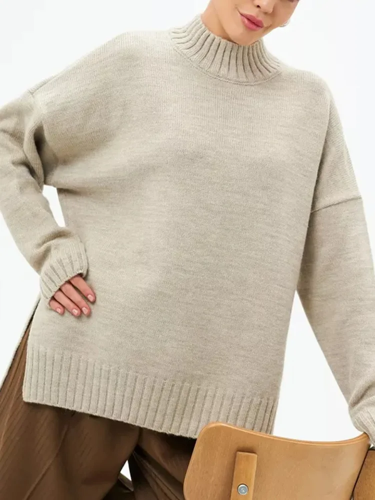 2024 ODM Factory Custom Russian Winter High Quality Mock Neck Turtleneck Knitted Oversized Split Sweater for Women